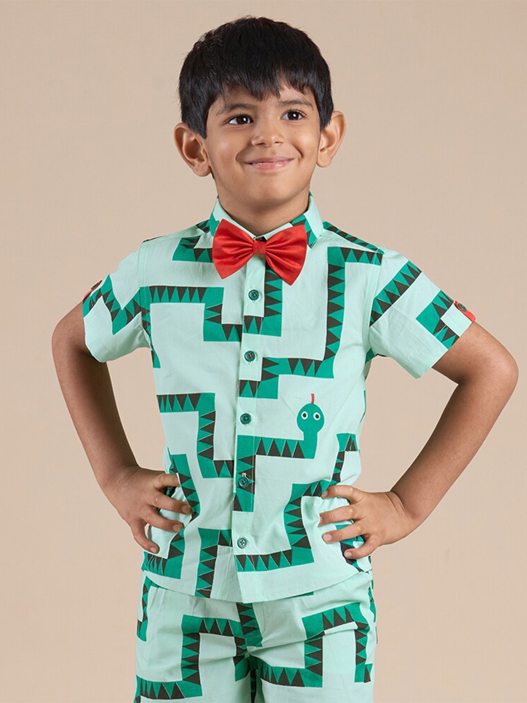 

LIL DRAMA Boys Printed Spread Collar Short Sleeves Cotton Casual Shirt, Green