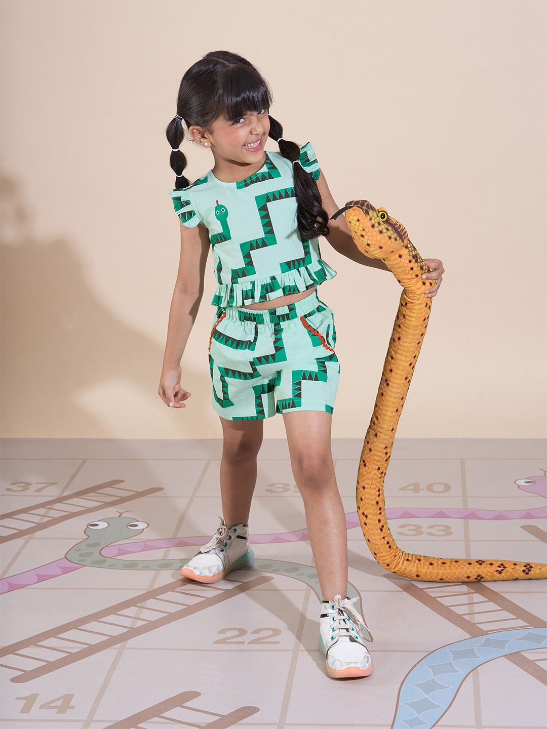 

LIL DRAMA Girls Printed Pure Cotton Top with Shorts, Green