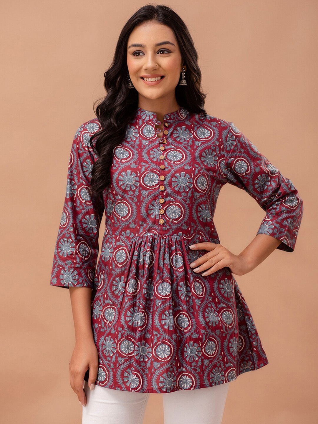 

FERANOID Floral Printed Mandarin Collar Pure Cotton A-Line Kurti, Purple