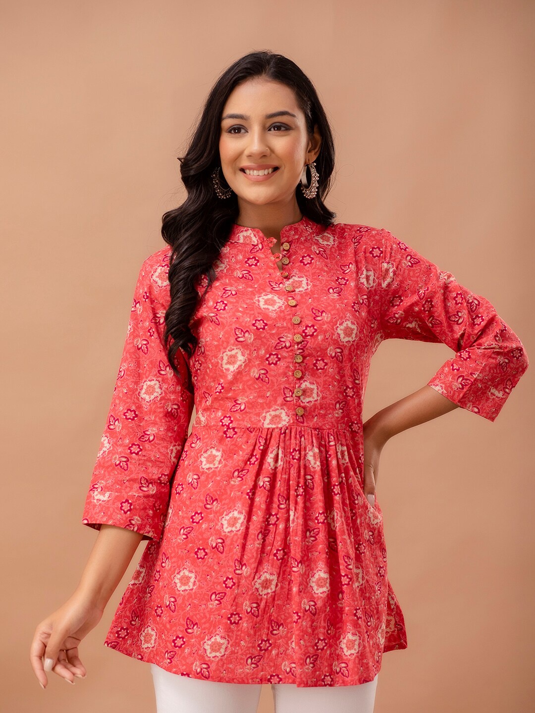 

FERANOID Floral Printed Mandarin Collar Pure Cotton A-Line Kurti, Pink