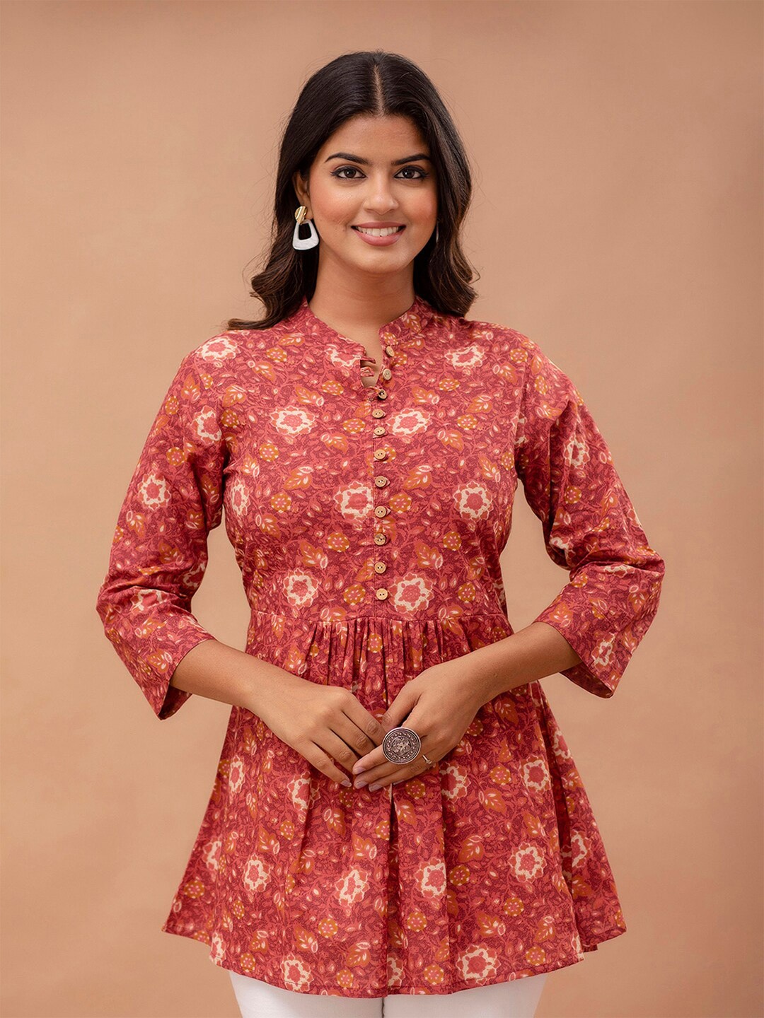 

FERANOID Floral Printed Mandarin Collar Pure Cotton A-Line Kurti, Rust