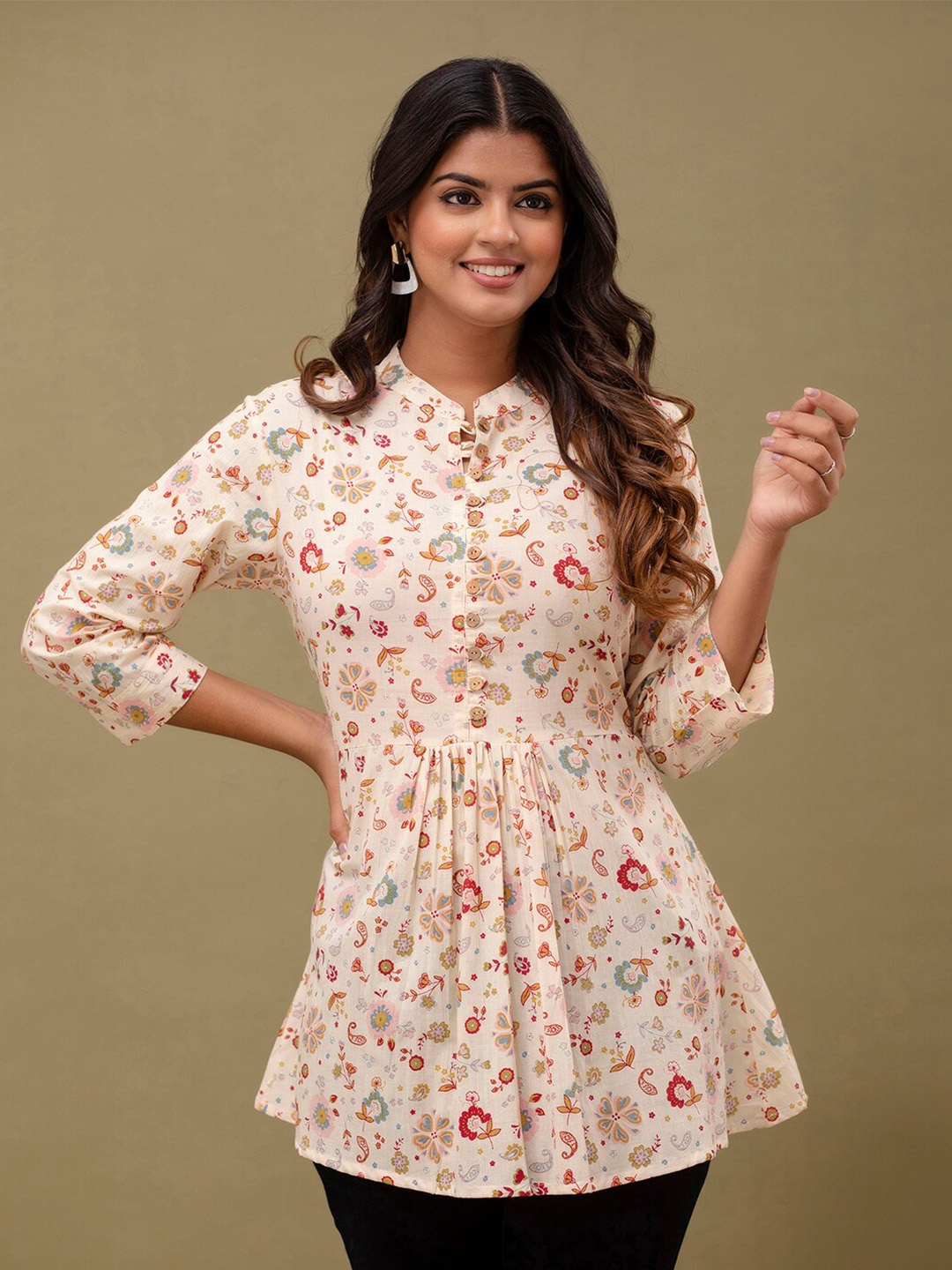 

FERANOID Floral Printed Mandarin Collar Pure Cotton A-Line Kurti, Yellow