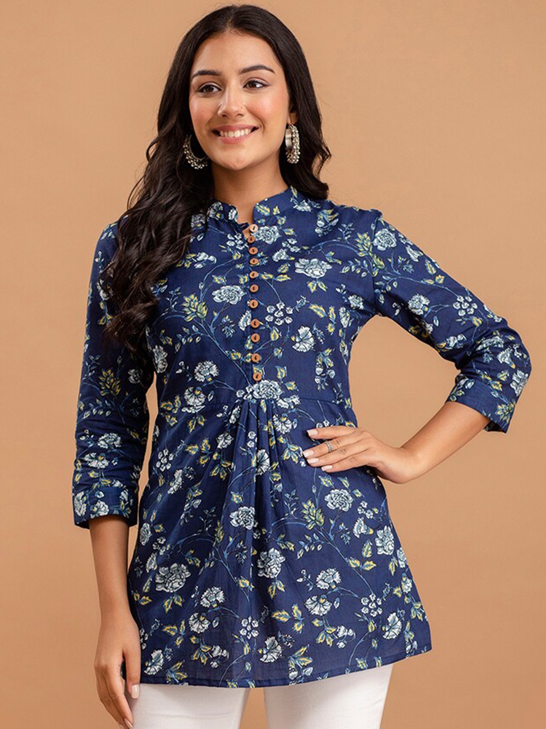 

FERANOID Floral Printed Mandarin Collar Pure Cotton A-Line Kurti, Blue