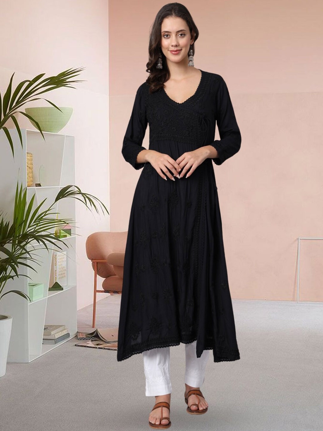 

PARAMOUNT CHIKAN Floral Embroidered Angrakha Kurta, Black