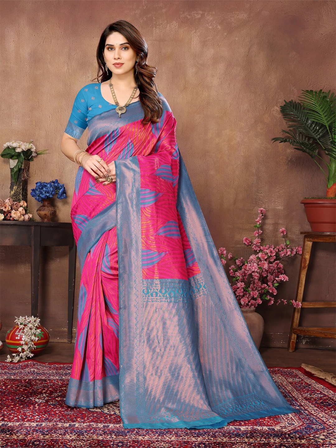 

vj fashion Floral Woven Design Zari Banarasi Saree, Pink