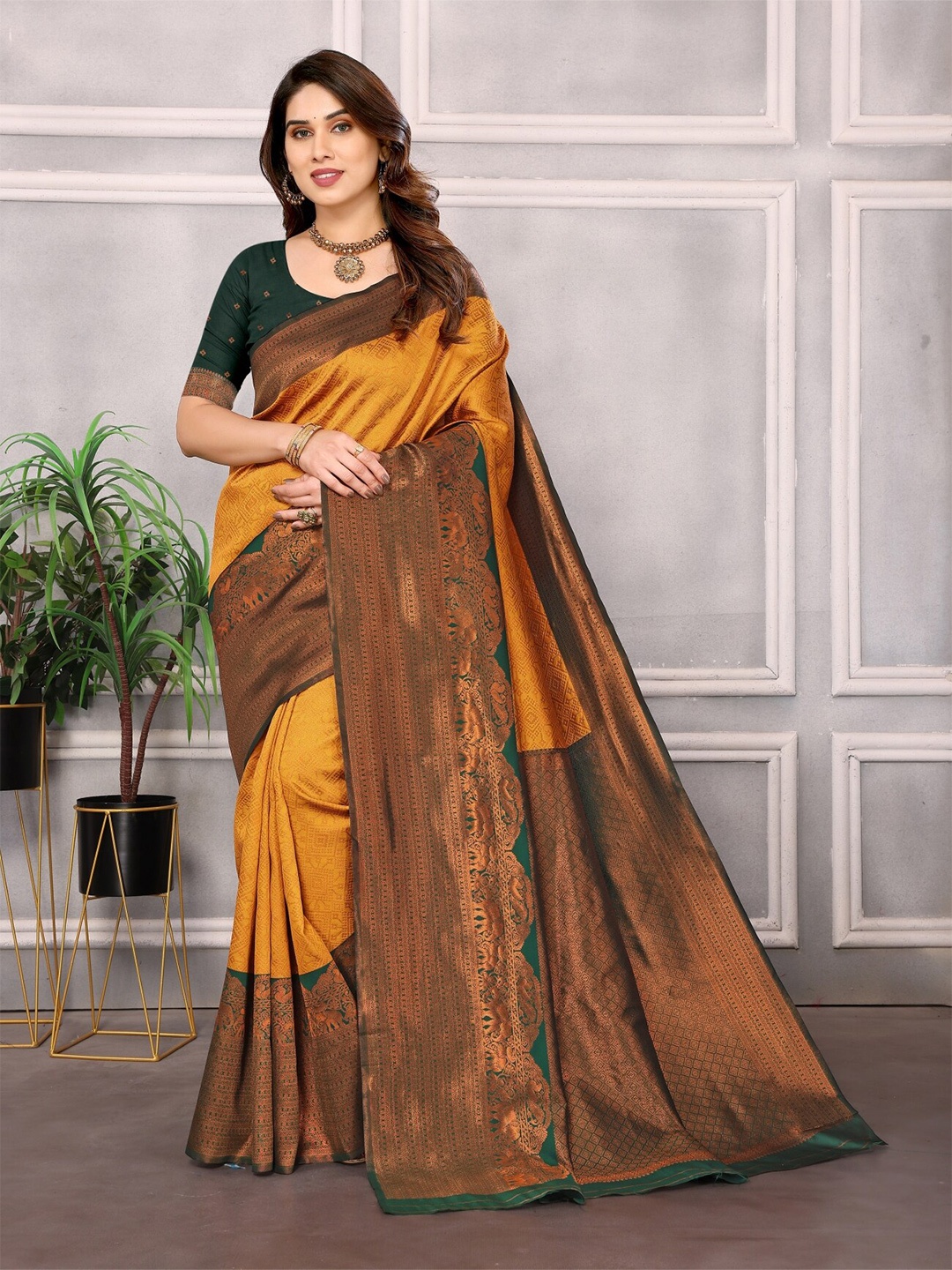 

vj fashion Woven Design Zari Banarasi Saree, Yellow