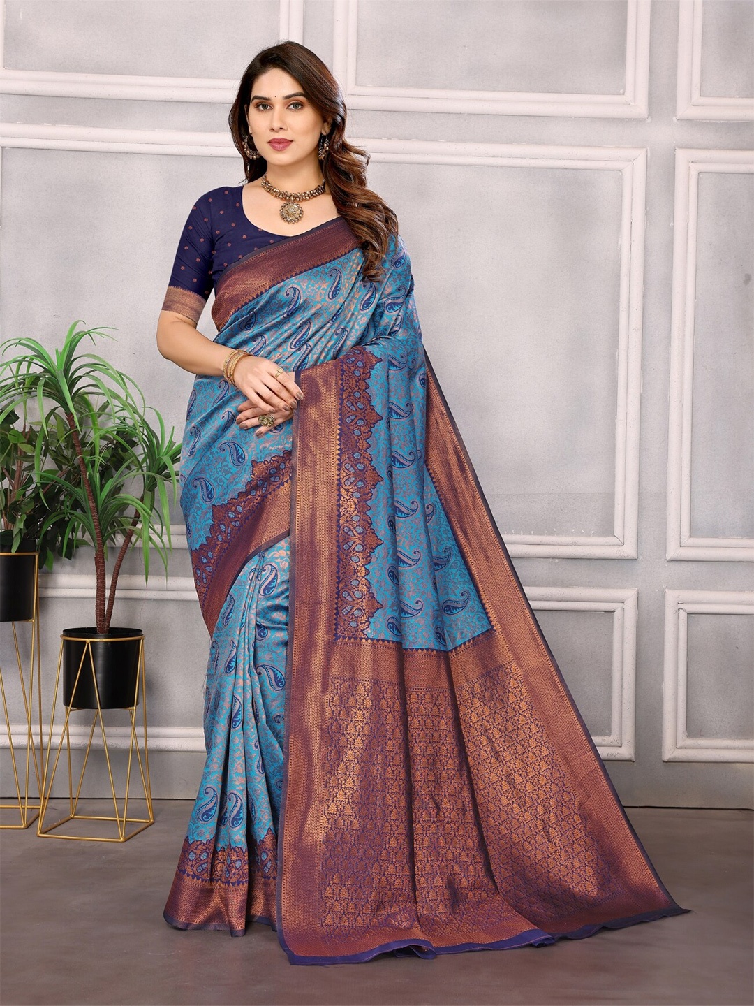 

vj fashion Paisley Woven Design Zari Banarasi Saree, Blue