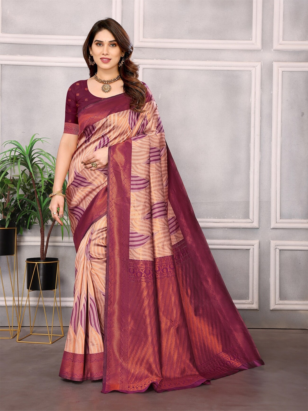 

vj fashion Woven Design Zari Banarasi Saree, Rose gold
