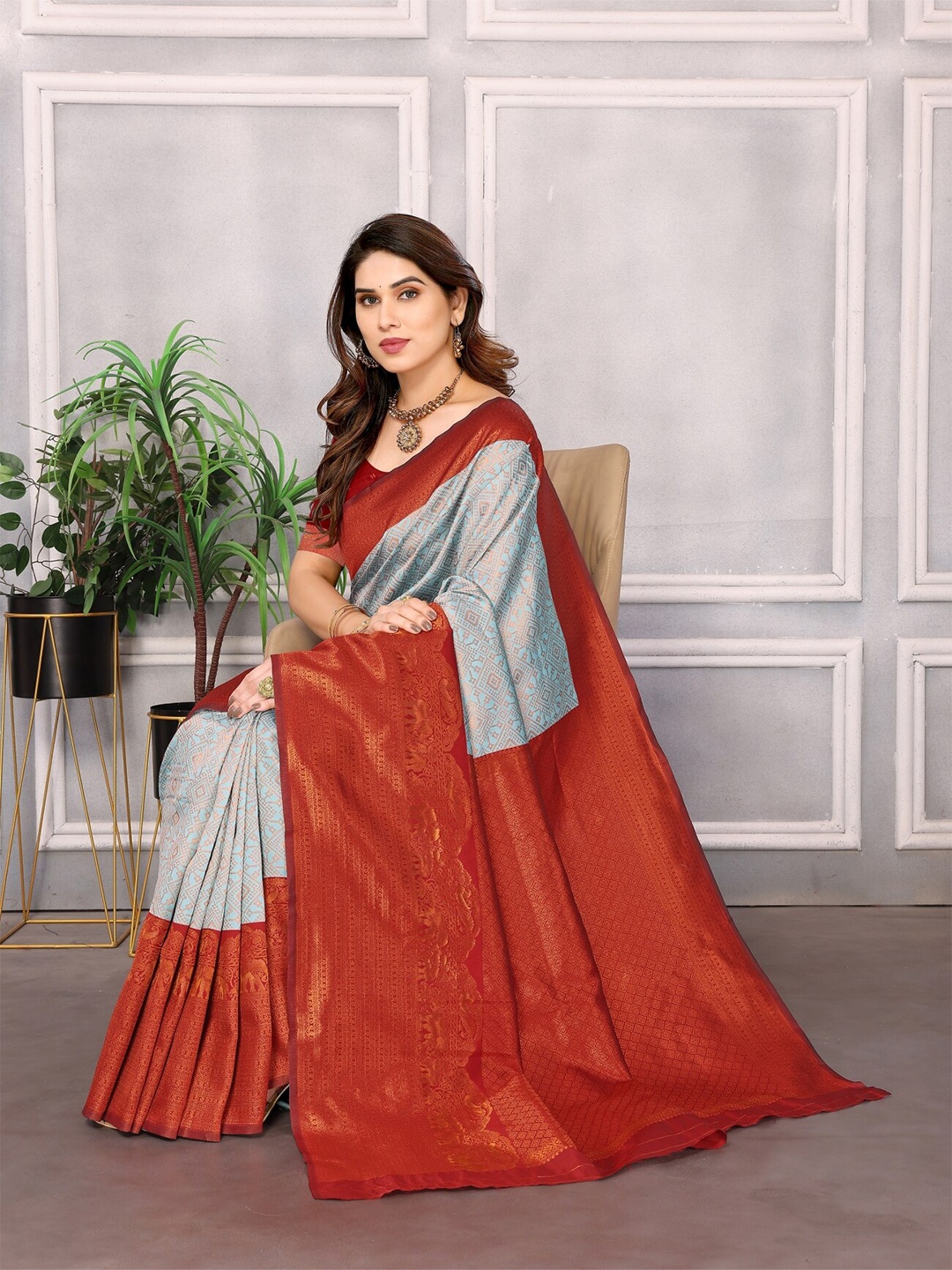 

vj fashion Woven Design Zari Banarasi Saree, Blue