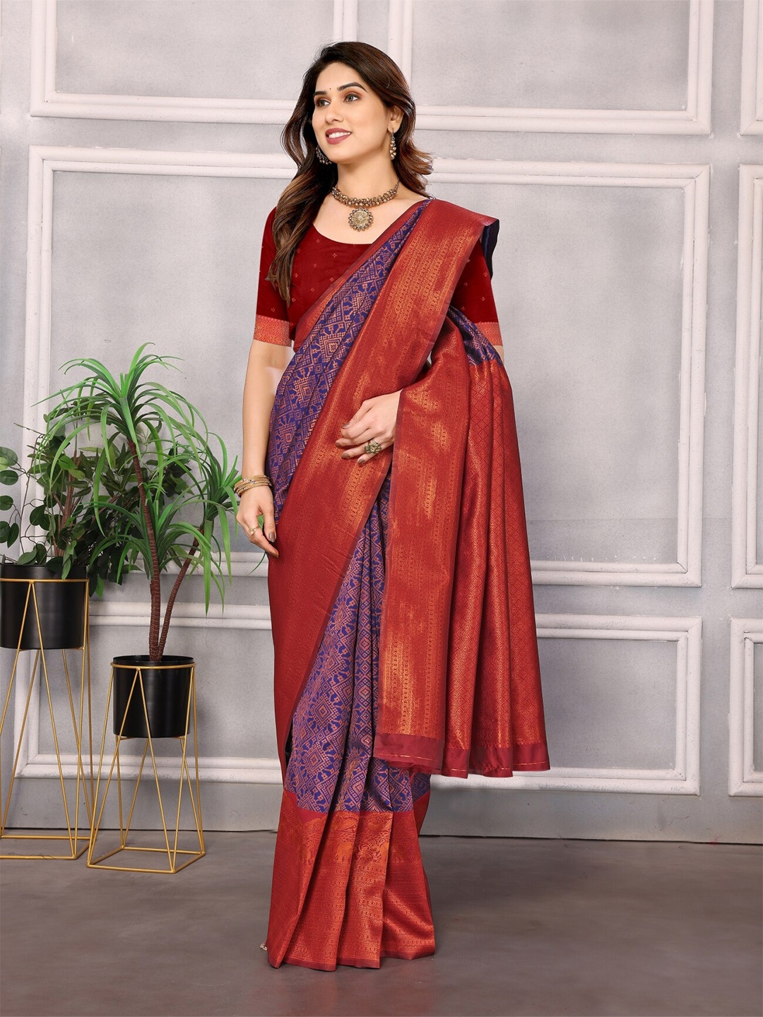 

vj fashion Ethnic Motifs Woven Design Zari Banarasi Saree, Navy blue