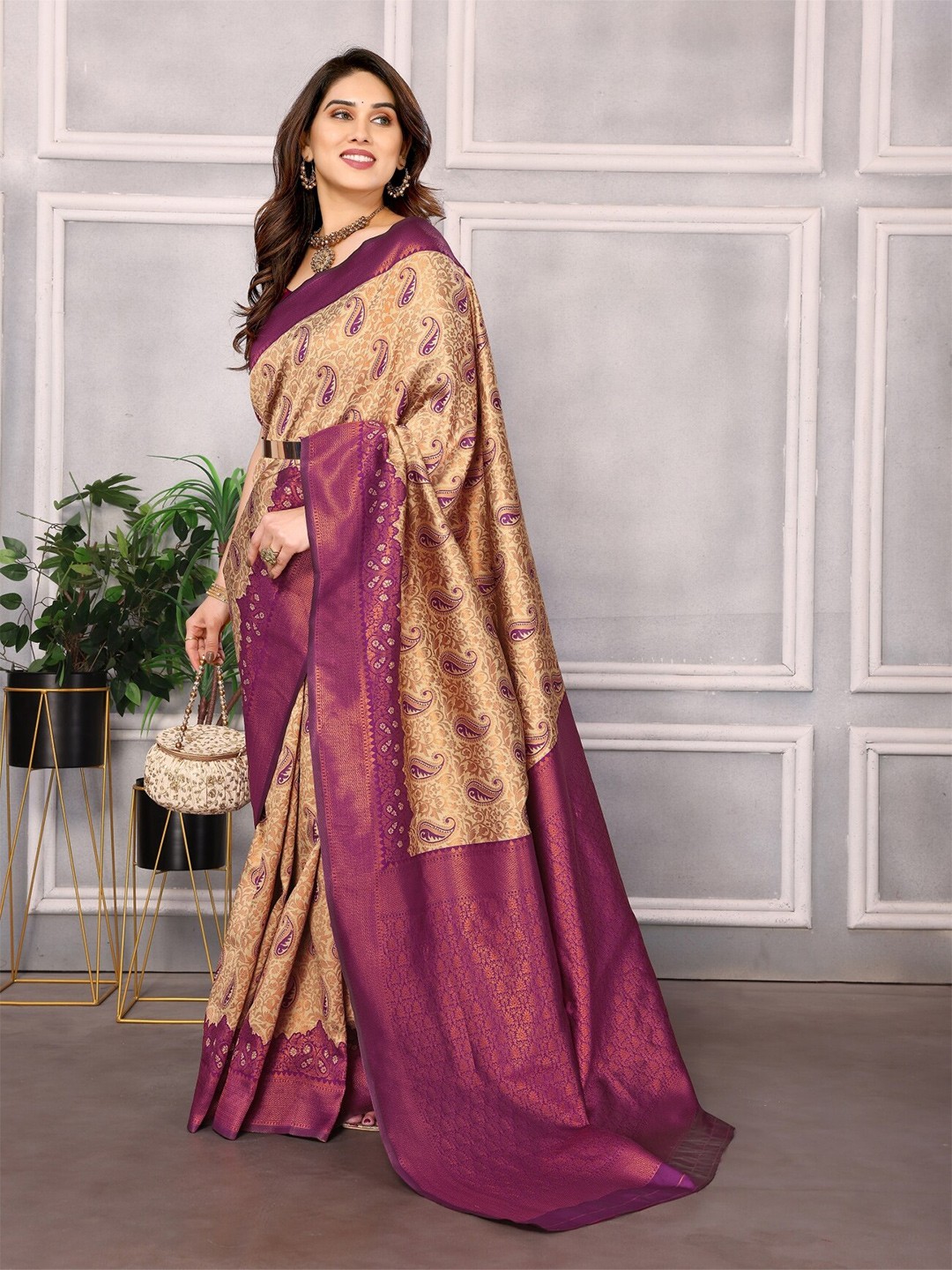 

vj fashion Woven Design Zari Banarasi Saree, Beige