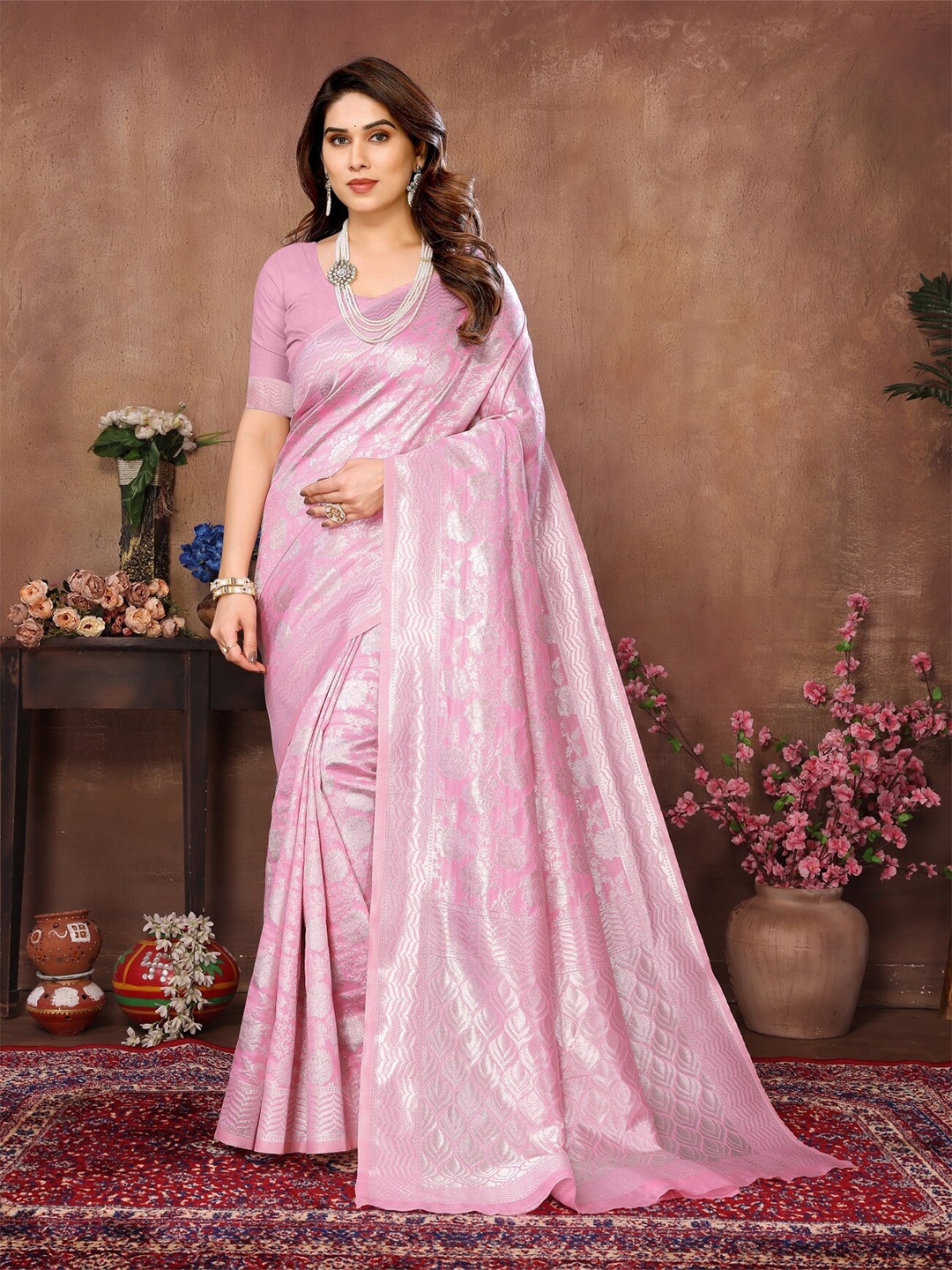 

vj fashion Floral Woven Design Zari Banarasi Saree, Pink