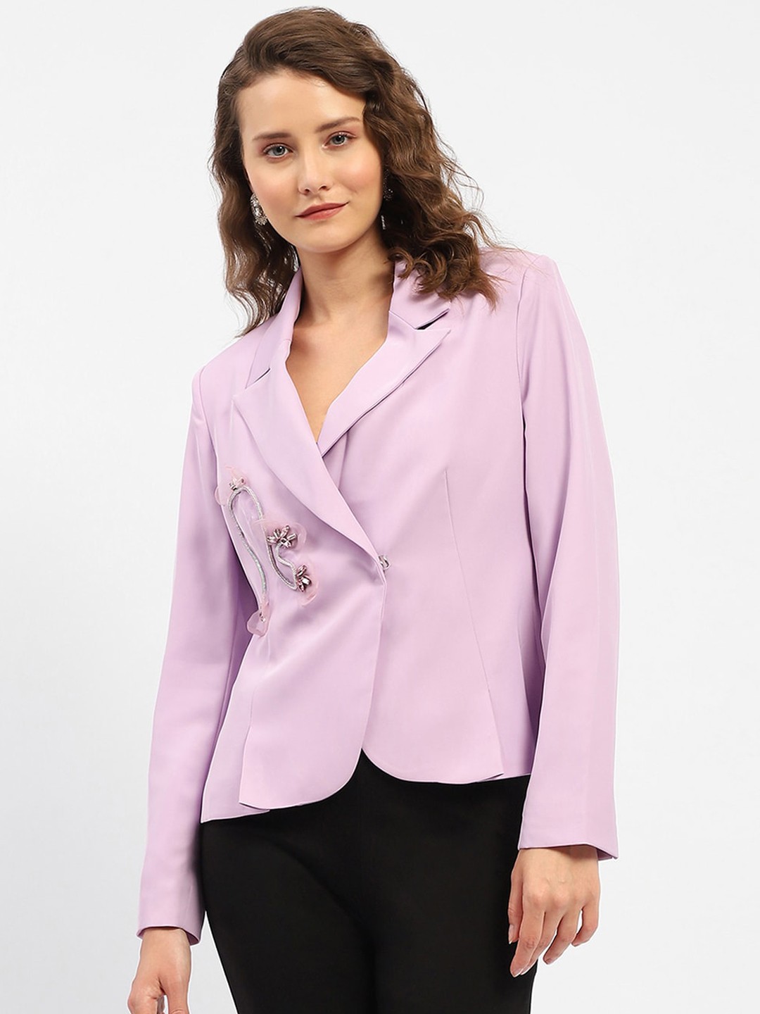 

Madame Embroidered Notched Lapel Double Breasted Blazer, Mauve