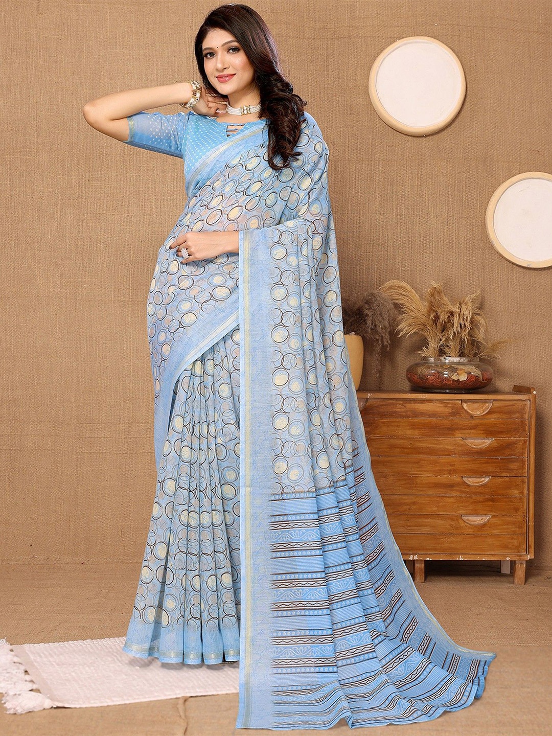 

KALINI Zari Geometric Printed Chanderi Saree, Blue