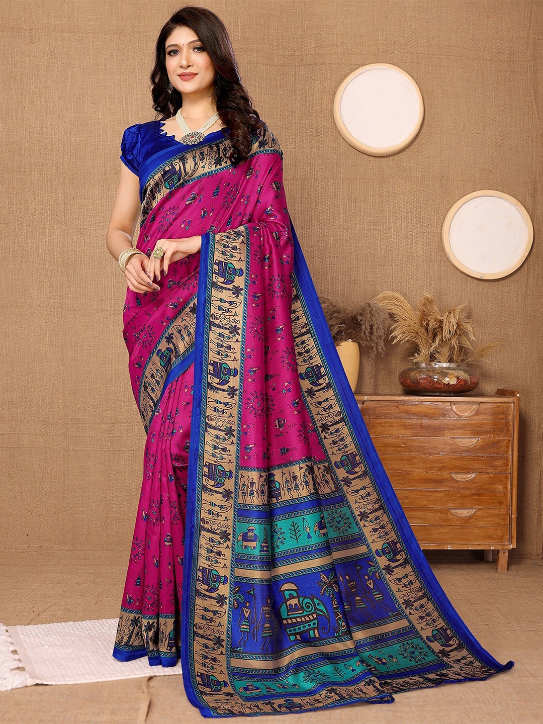 

KALINI Warli Printed Art Silk Saree, Pink