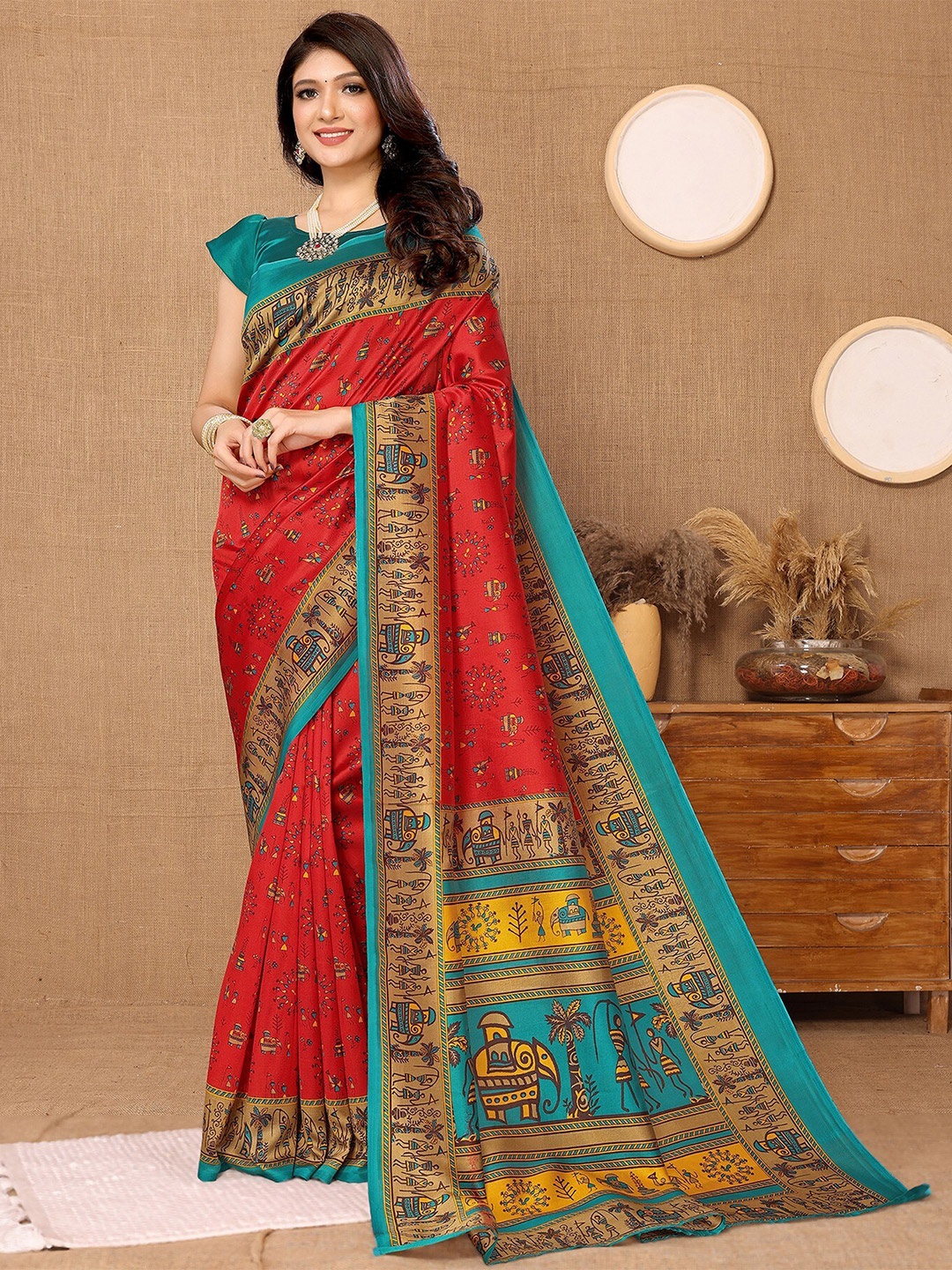 

KALINI Warli Printed Art Silk Saree, Red