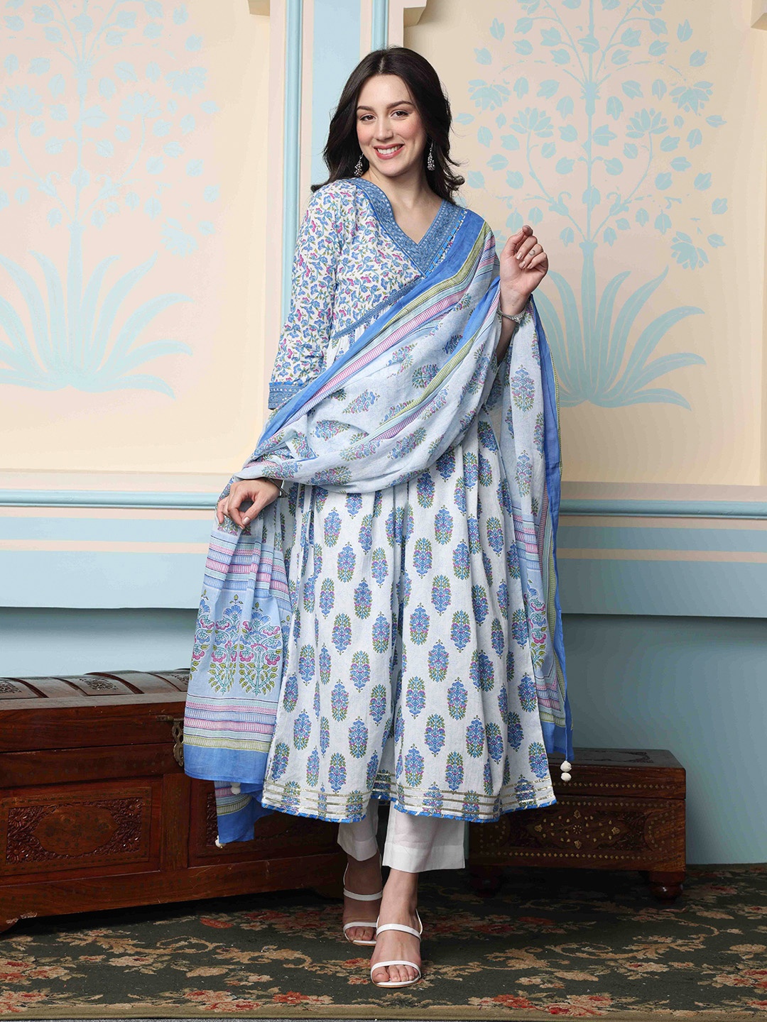 

Ishin V-Neck Floral Printed Empire Pure Cotton A-Line Kurta with Trousers & Dupatta, Blue