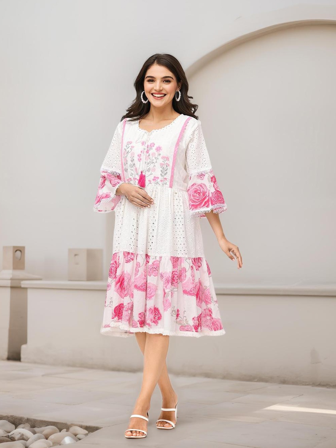 

Ishin Floral Self Design Floral Printed Fit & Flare Dress, White