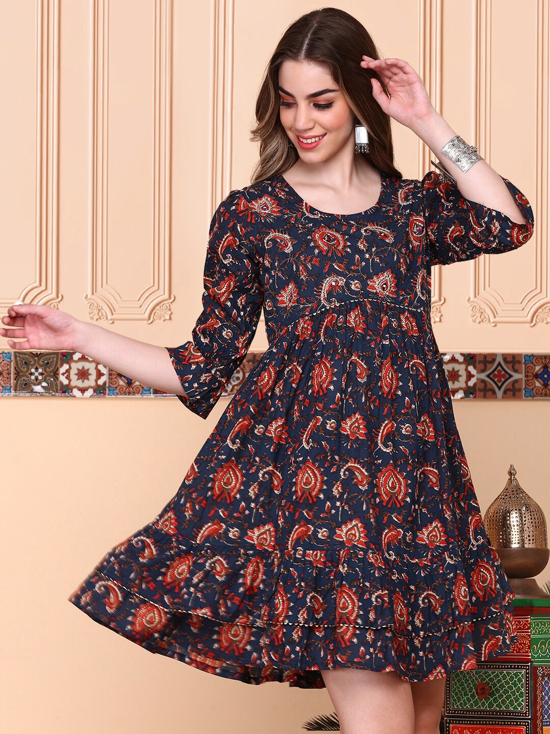 

Ishin Ethnic Motifs Printed Round Neck Fit & Flare Dress, Blue