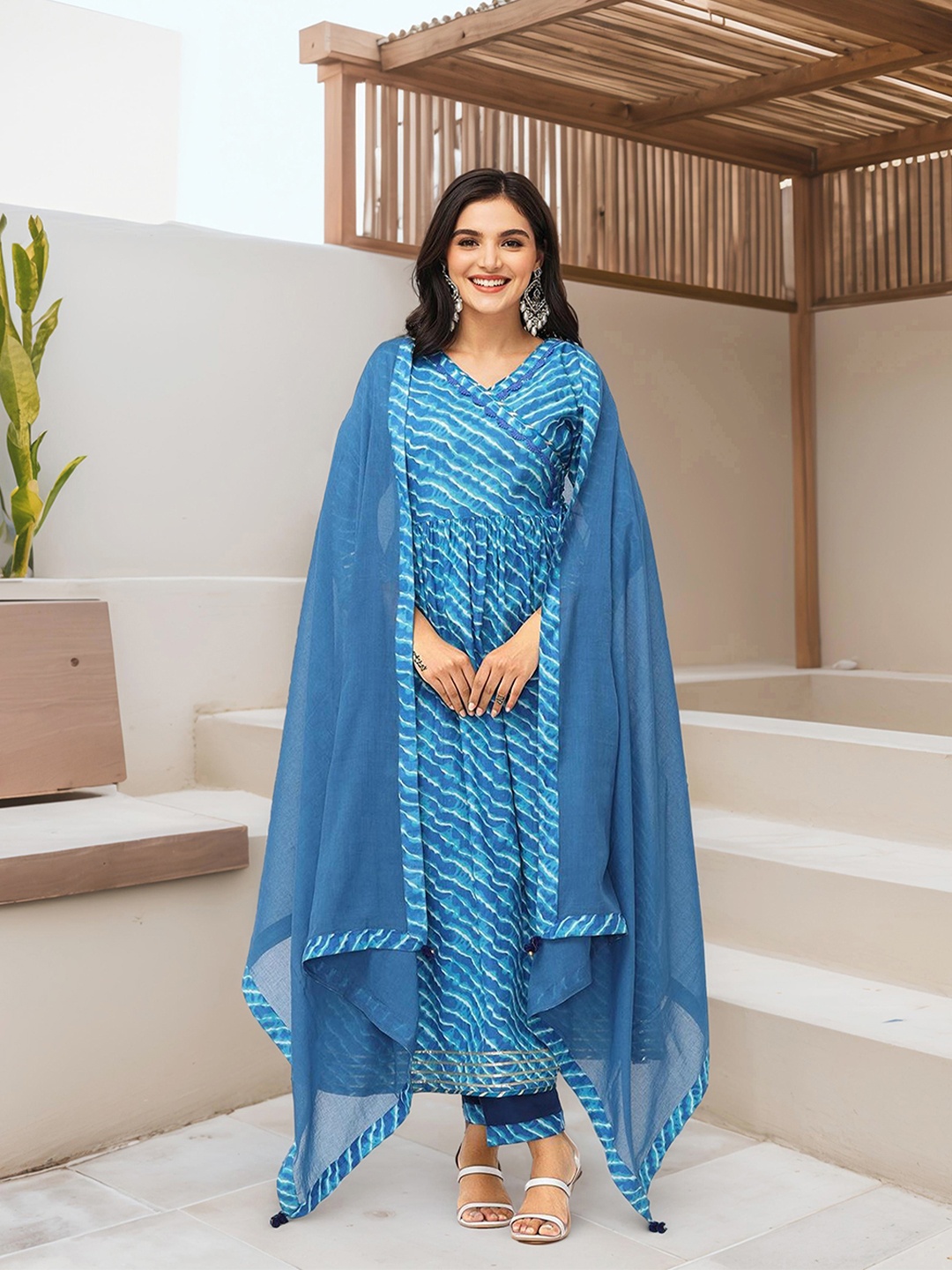 

Ishin V-Neck Leheriya Printed Angrakha Pure Cotton A-Line Kurta with Trousers & Dupatta, Blue