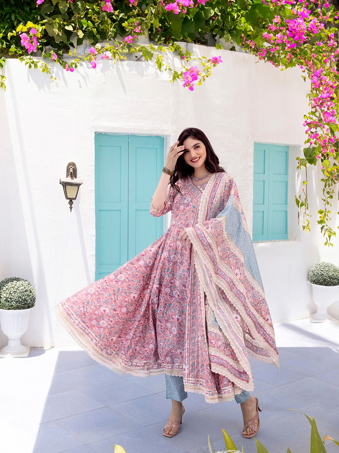 

Ishin V-Neck Floral Printed Angrakha Pure Cotton Anarkali Kurta with Trousers & Dupatta, Pink
