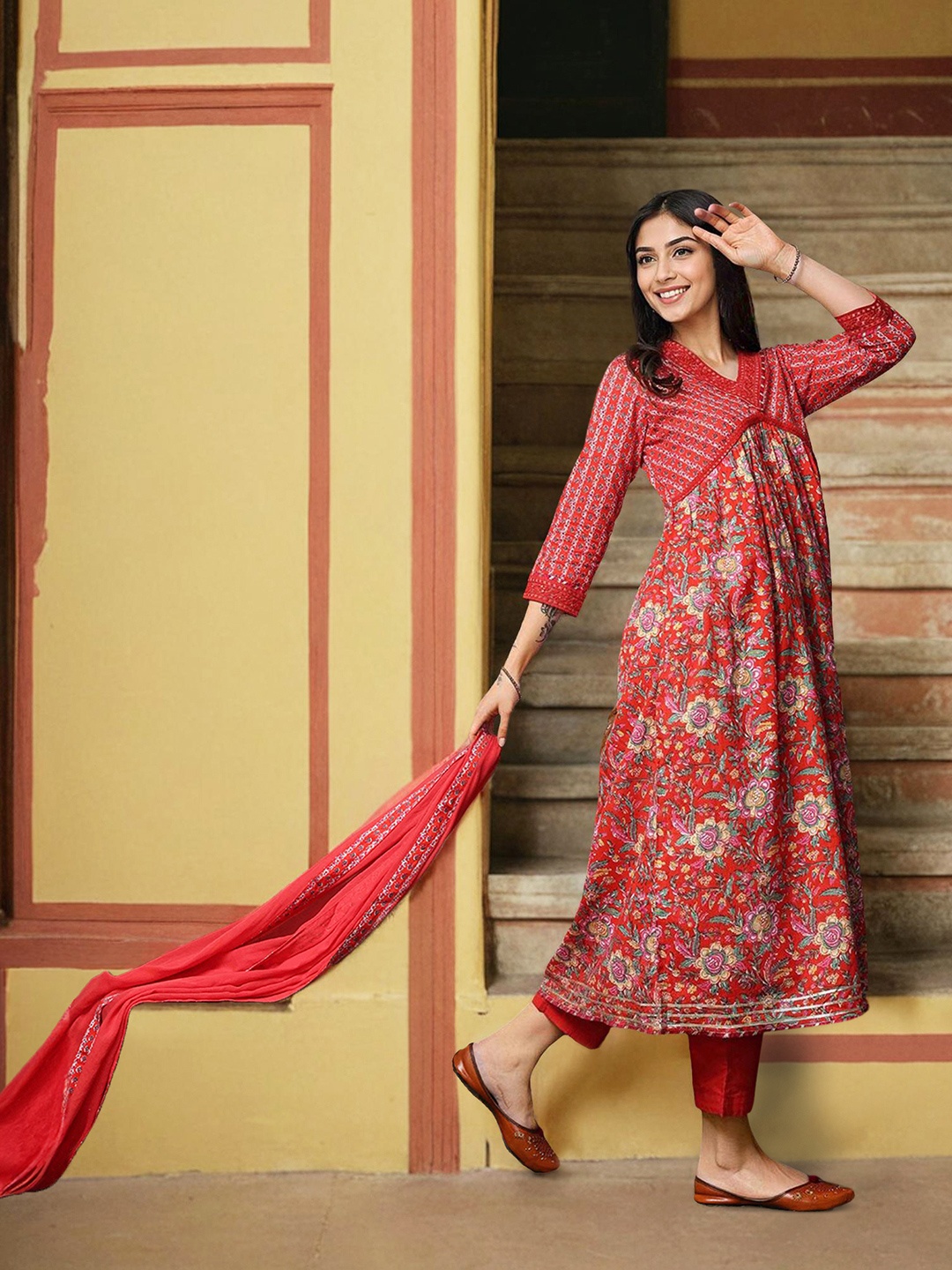 

Ishin V-Neck Floral Printed Empire Pure Cotton A-Line Kurta with Trousers & Dupatta, Red