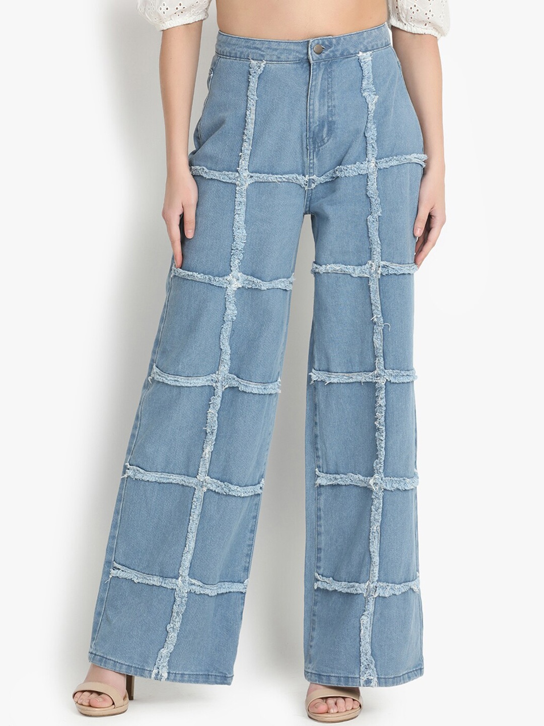 

putsum Women Flared High-Rise Light Fade Jeans, Blue