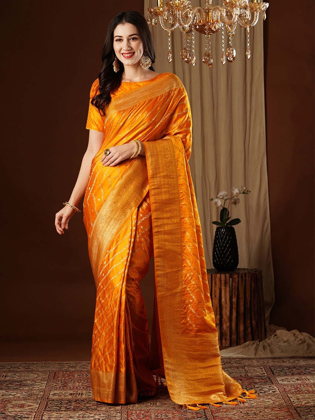 

FLOURIOUS Floral Woven Design Zari Satin Banarasi Saree, Yellow