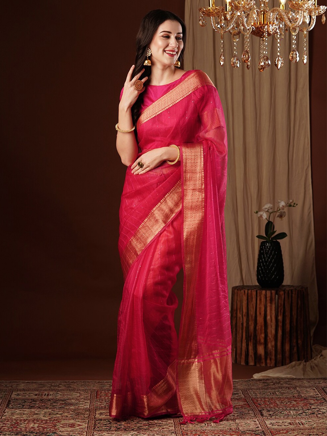 

FLOURIOUS Woven Design Zari Organza Kanjeevaram Saree, Pink