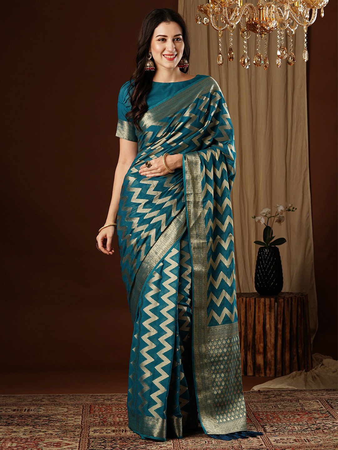 

FLOURIOUS Ethnic Motifs Woven Design Zari Satin Banarasi Saree, Sea green