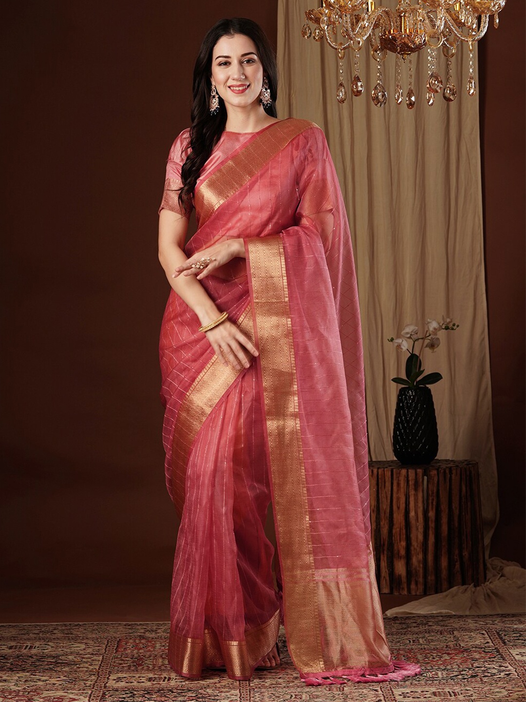 

FLOURIOUS Ethnic Motifs Woven Design Zari Organza Kanjeevaram Saree, Peach