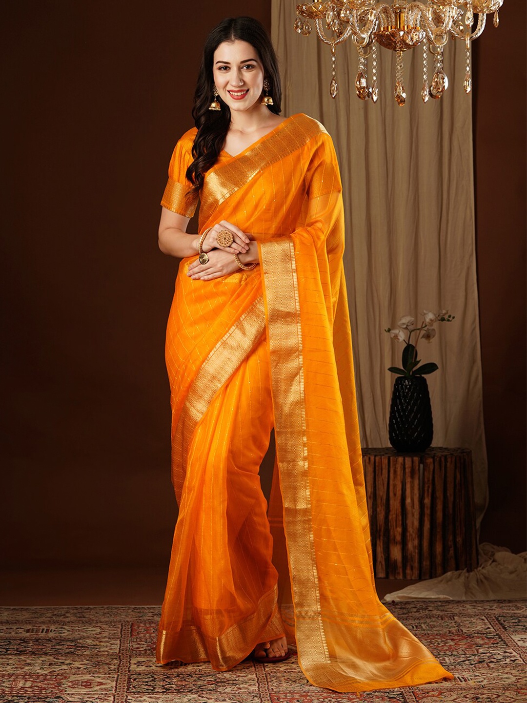 

FLOURIOUS Embellished Zari Organza Kanjeevaram Saree, Yellow
