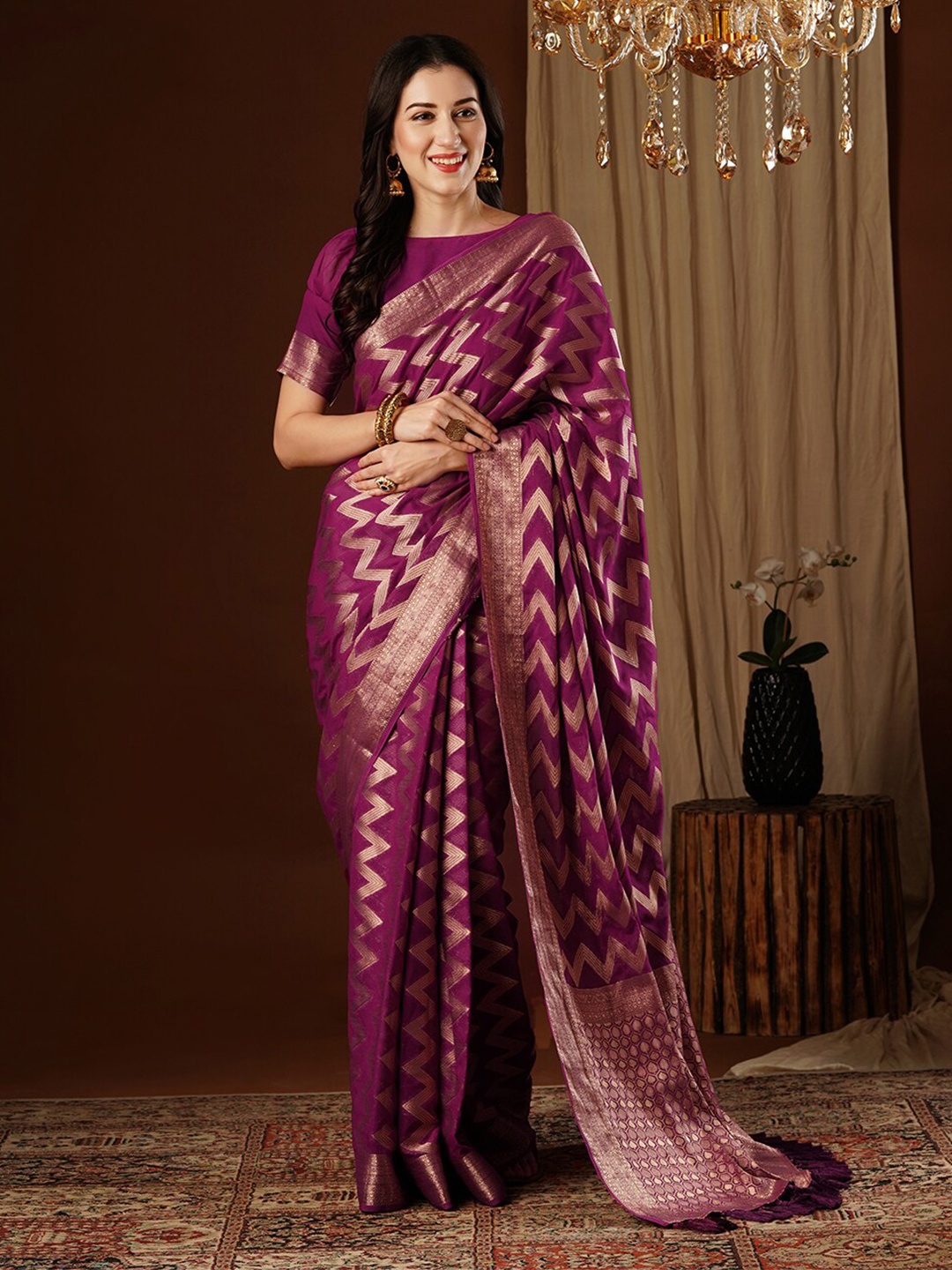 

FLOURIOUS Woven Design Zari Kanjeevaram Saree, Purple