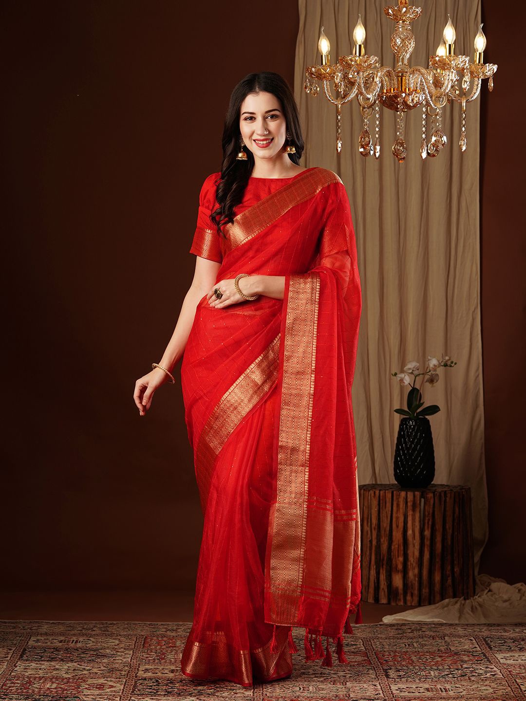 

FLOURIOUS Embellished Zari Organza Kanjeevaram Saree, Red