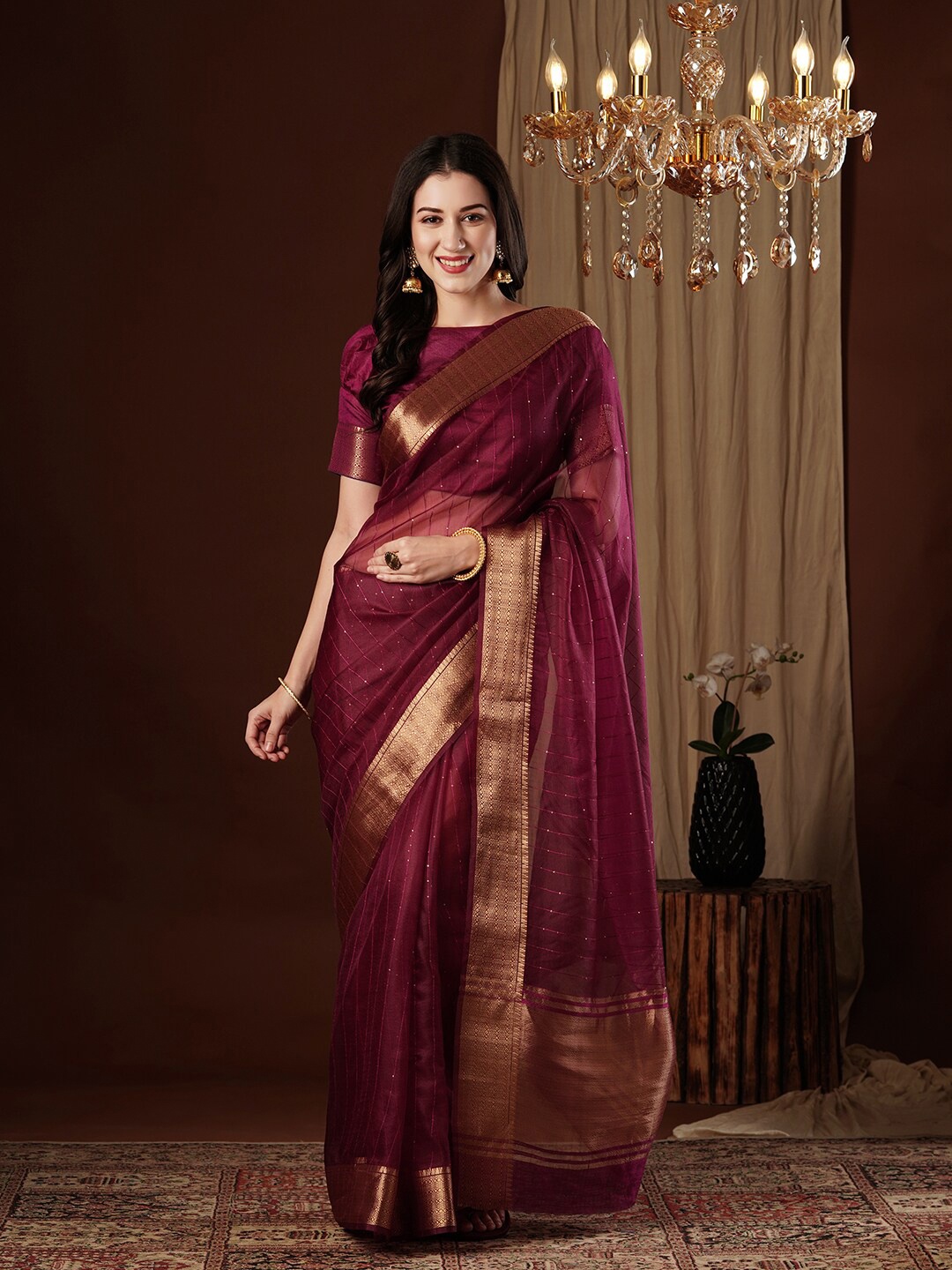 

FLOURIOUS Embellished Zari Organza Kanjeevaram Saree, Purple