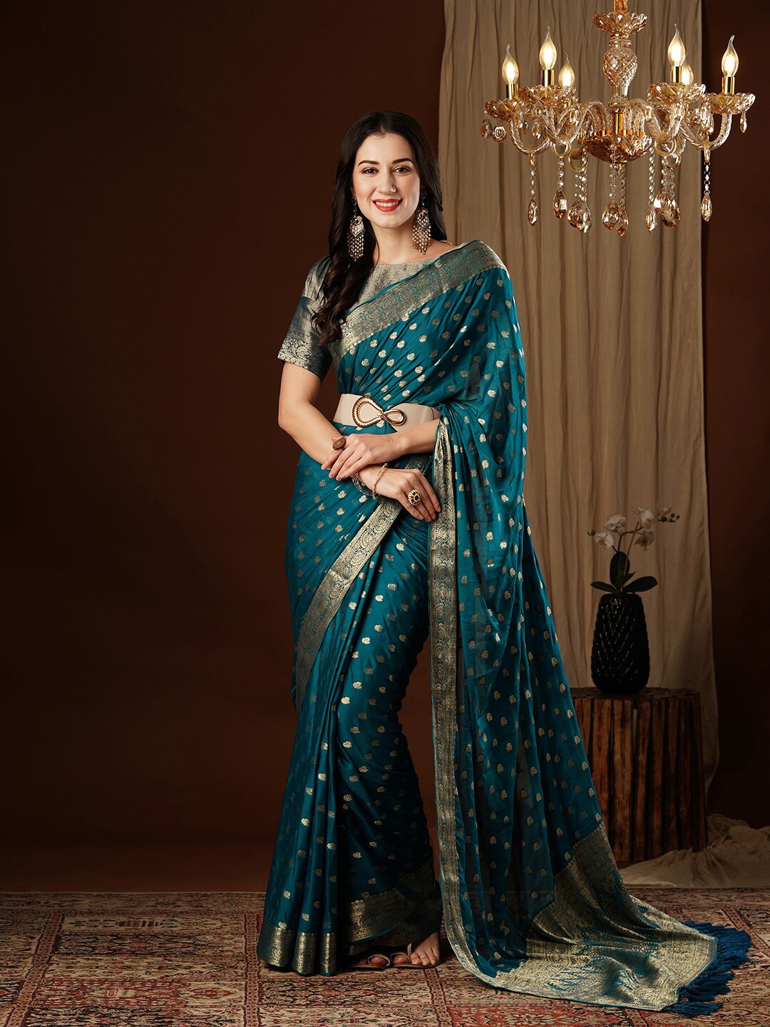 

FLOURIOUS Ethnic Motifs Woven Design Zari Ikat Saree, Sea green