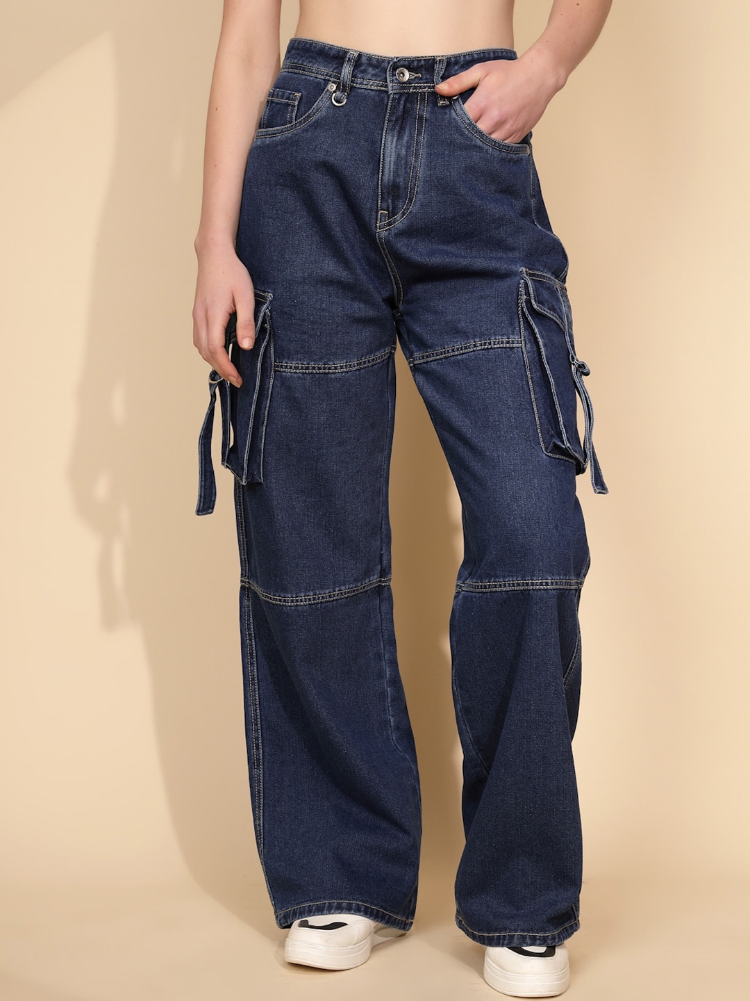 

Global Republic Women Relaxed Loose Fit High-Rise Stain Resistant Cotton Cargos Trousers, Blue