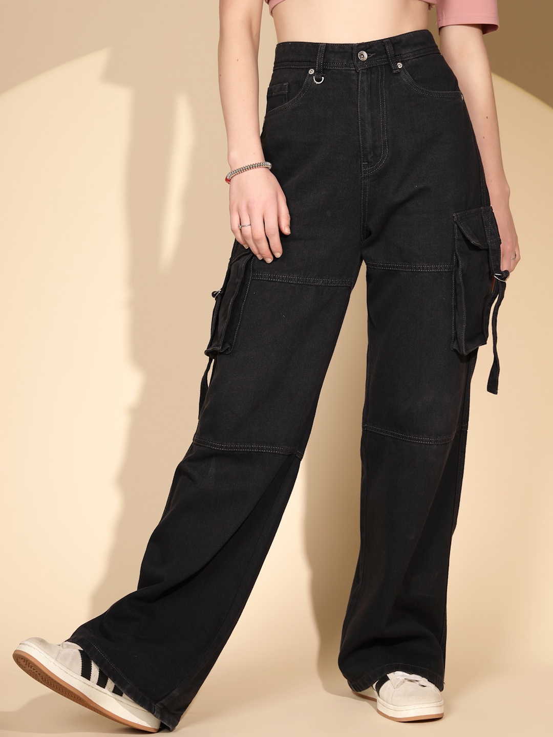 

Global Republic Women Relaxed Loose Fit Stain Resistant Cotton Cargos Trousers, Black