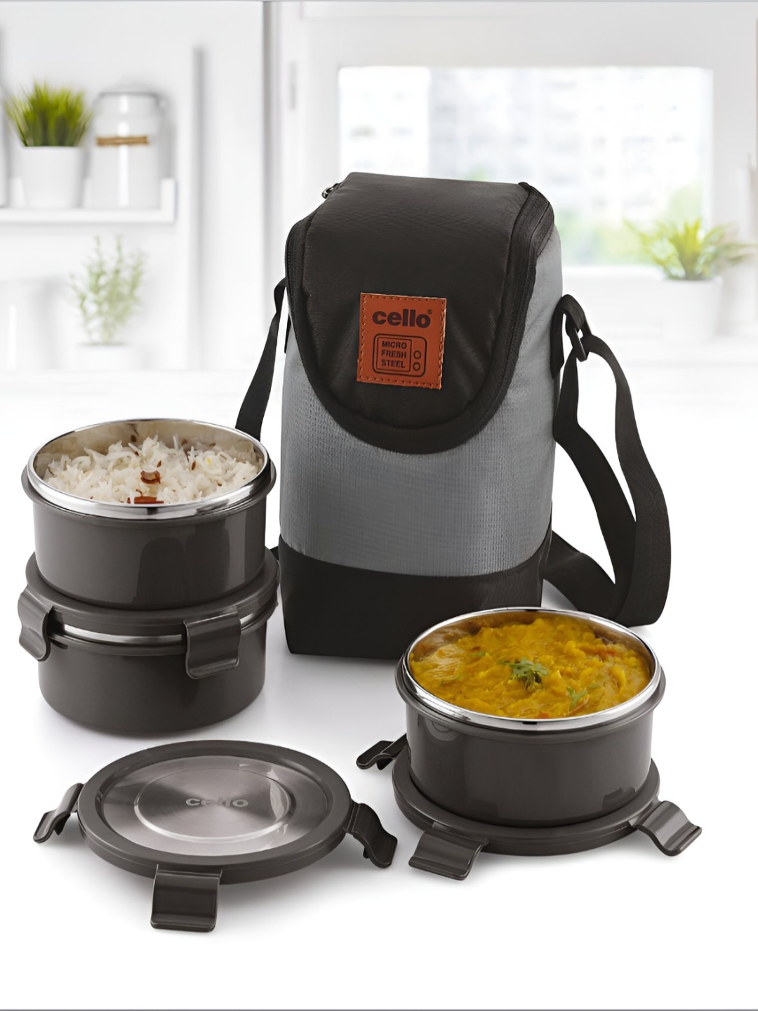 

Cello MF Freshco 3Pcs Inner steel outer plastic Insulated Lunch Box, Grey