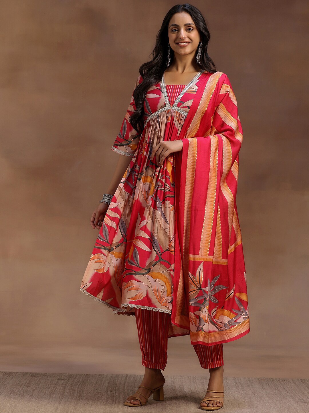 

Libas Floral Printed Empire Gotta Patti Kurta with Salwar & With Dupatta, Pink