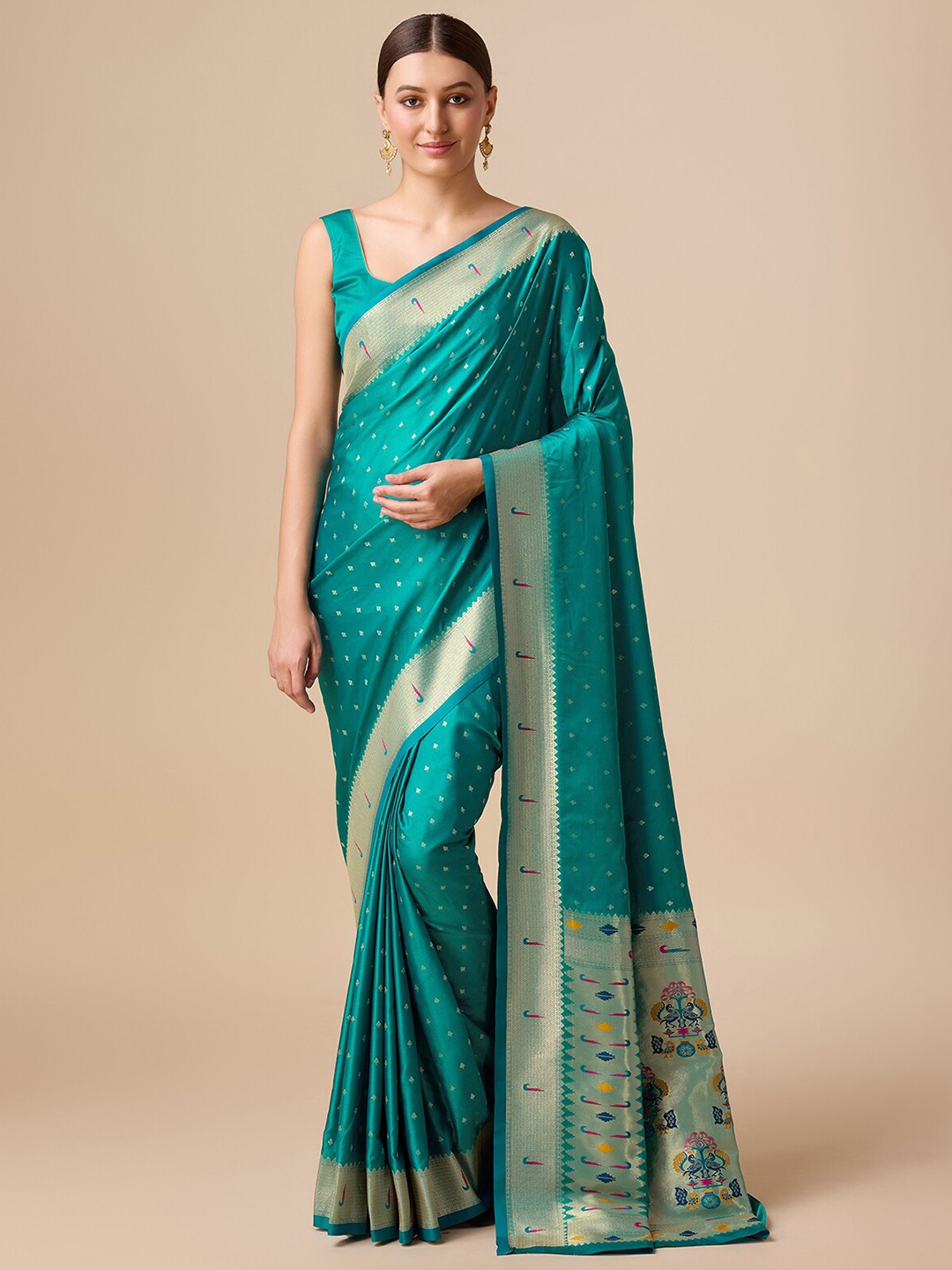 

MONJOLIKA FASHION Woven Design Zari Paithani Saree, Turquoise blue