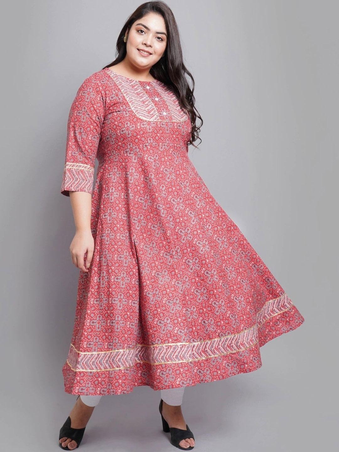 

KALINI Plus Size Floral Printed Cotton Gotta Patti Anarkali Kurta, Maroon