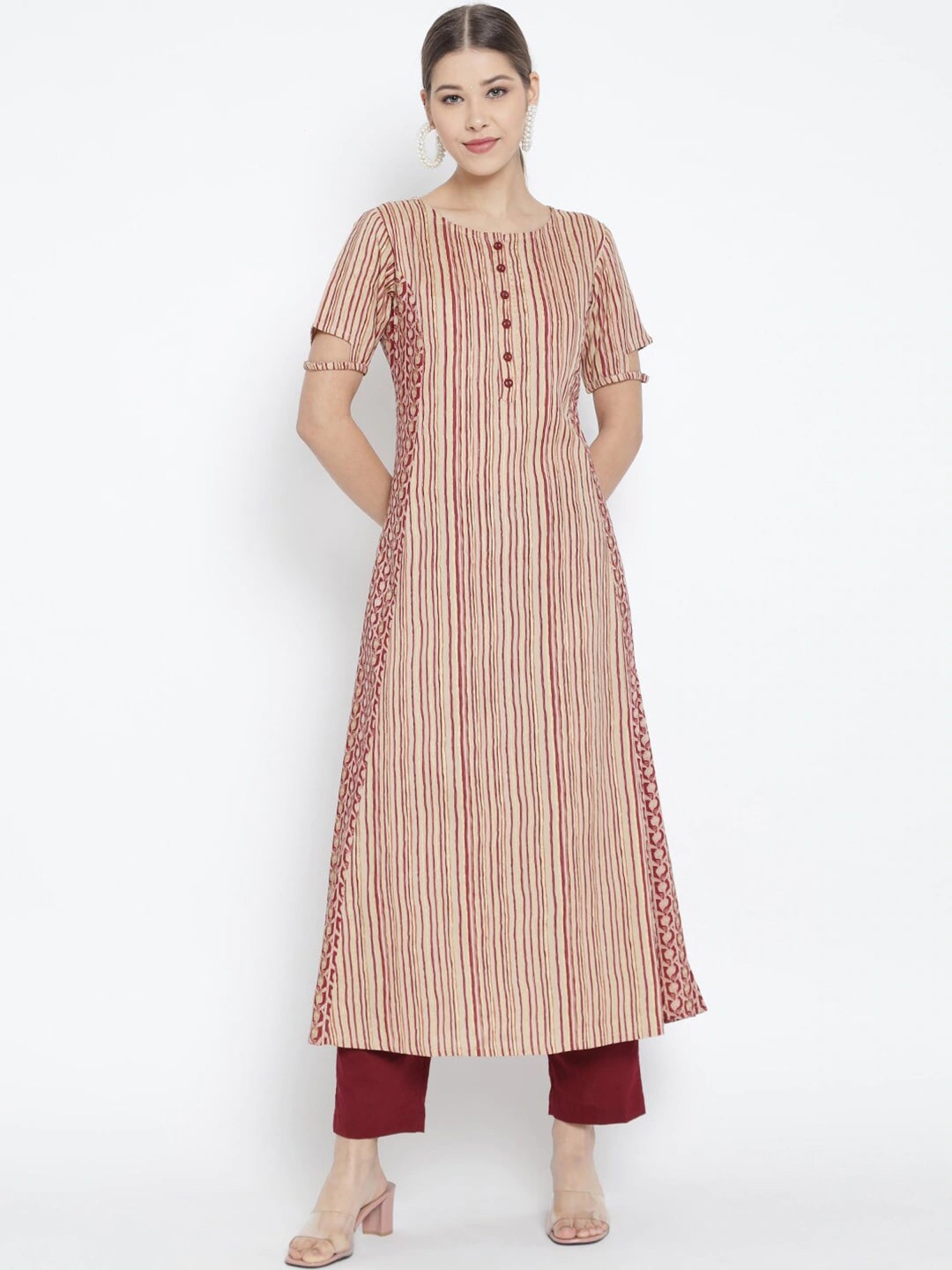 

KALINI Striped Printed Kurta, Maroon