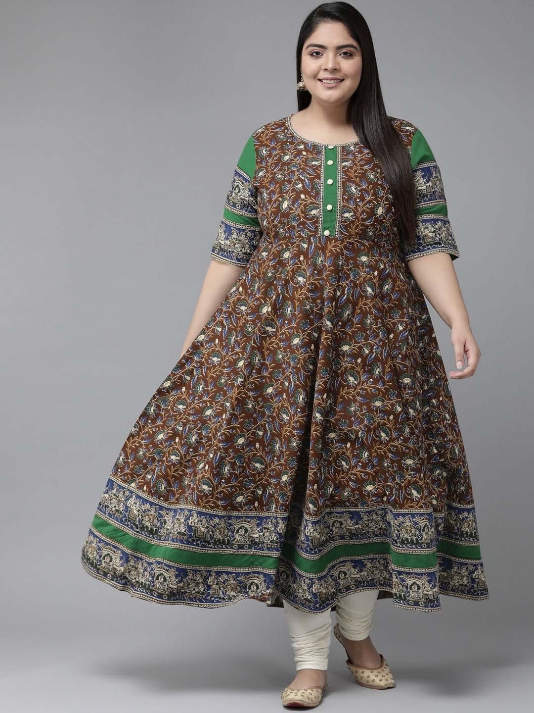 

KALINI Plus Size Floral Printed Round Neck Short Sleeves Anarkali Cotton Kurta, Brown
