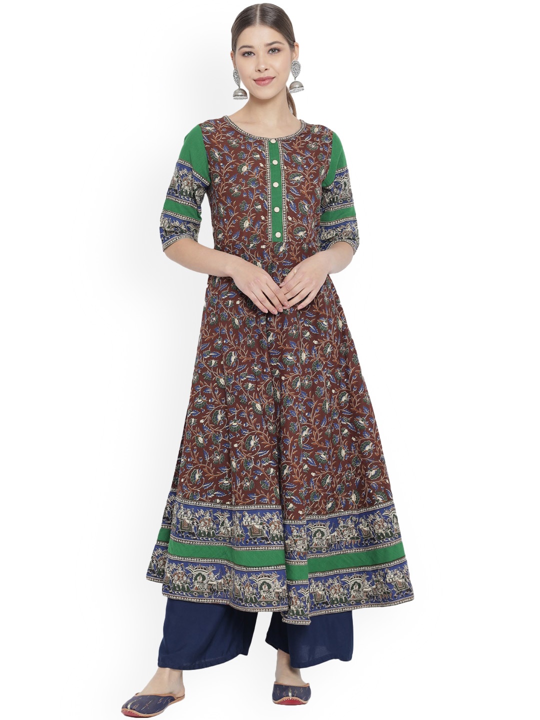 

KALINI Ethnic Motifs Printed Round Neck Three-Quarter Sleeves Anarkali Cotton Kurta, Brown