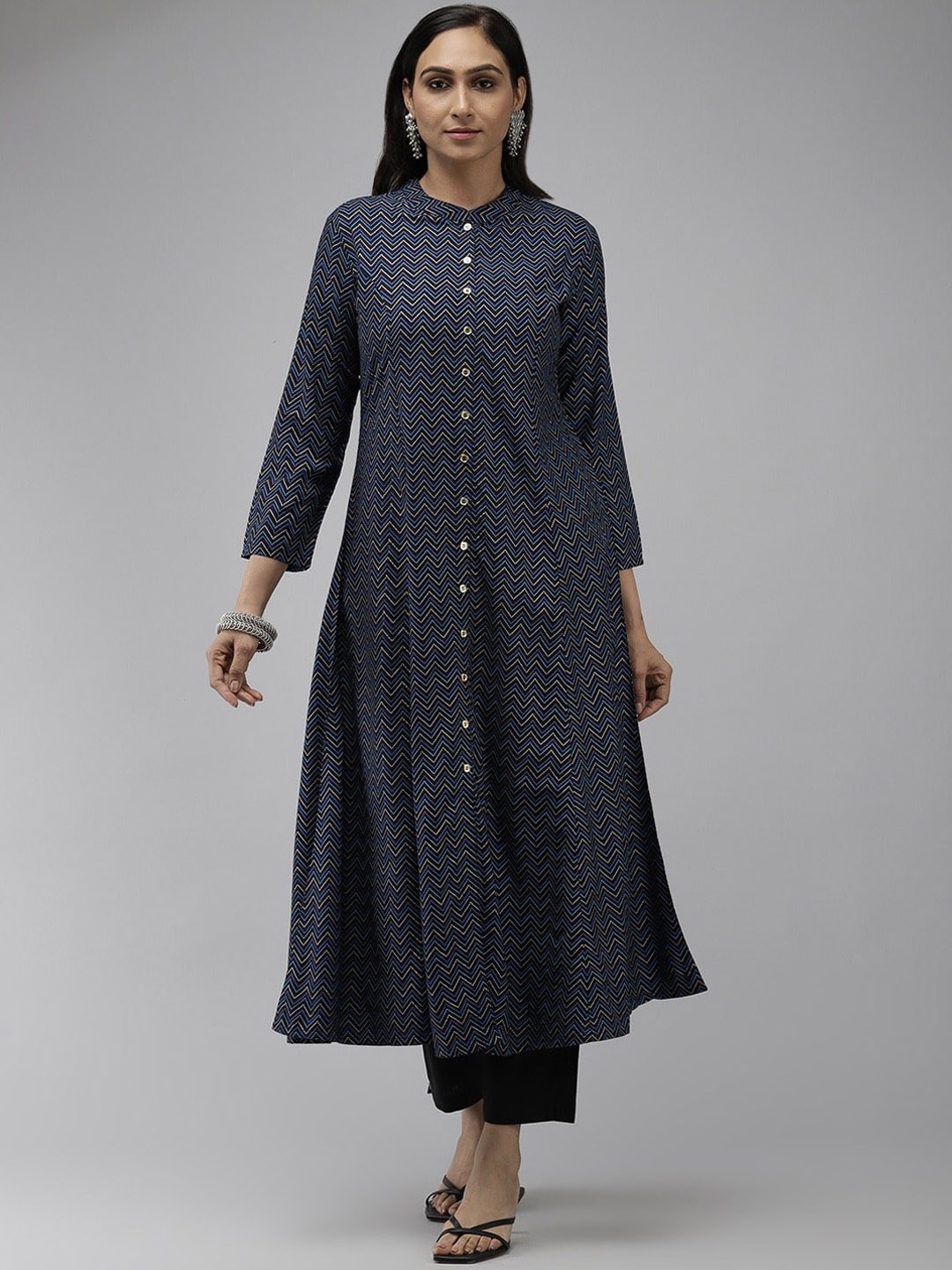 

KALINI Striped Flared Sleeves Mandarin Collar Thread Work A-Line Kurta, Blue