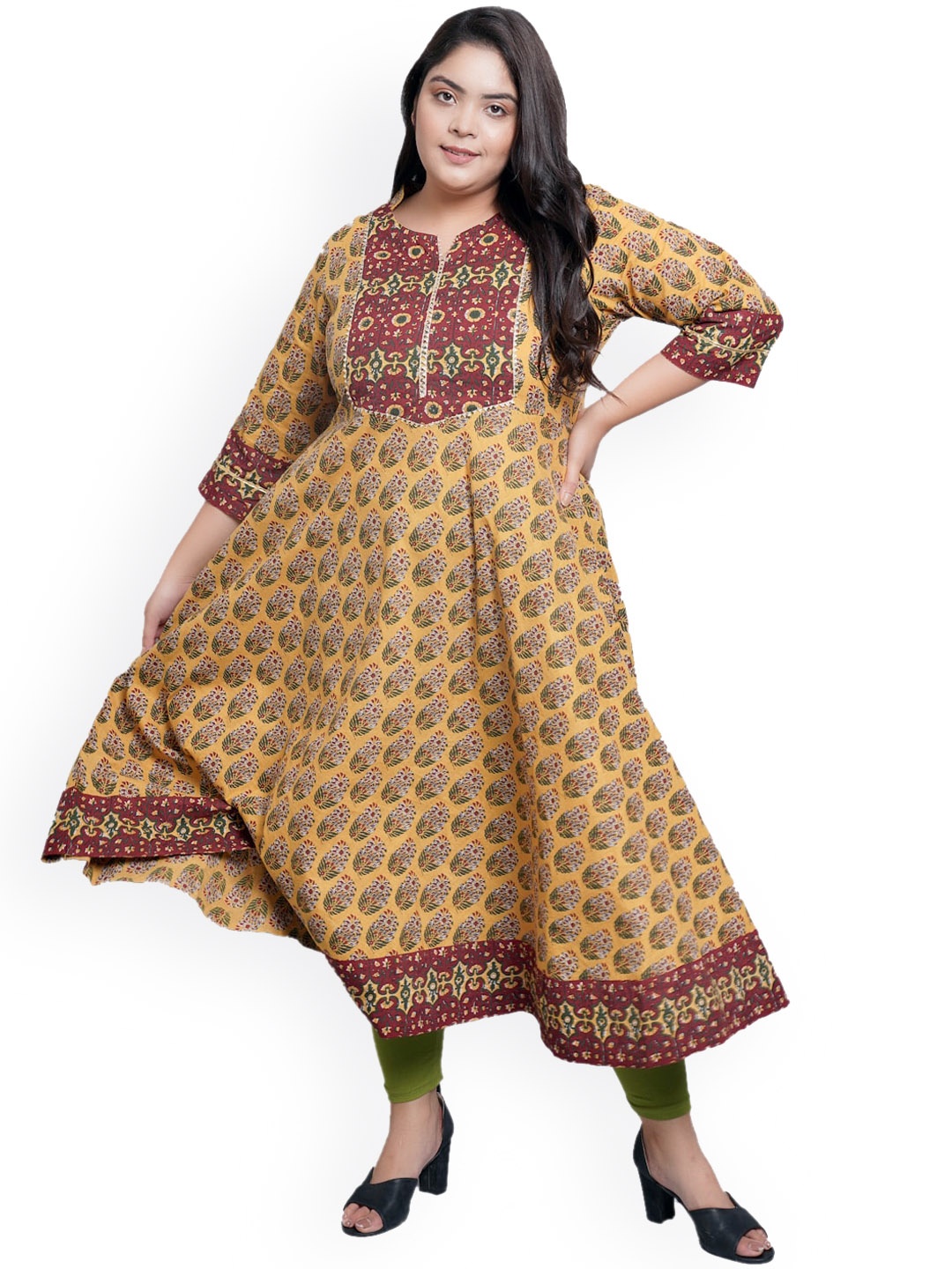 

KALINI Plus Size Floral Printed Round Neck Three-Quarter Sleeves Anarkali Cotton Kurta, Mustard