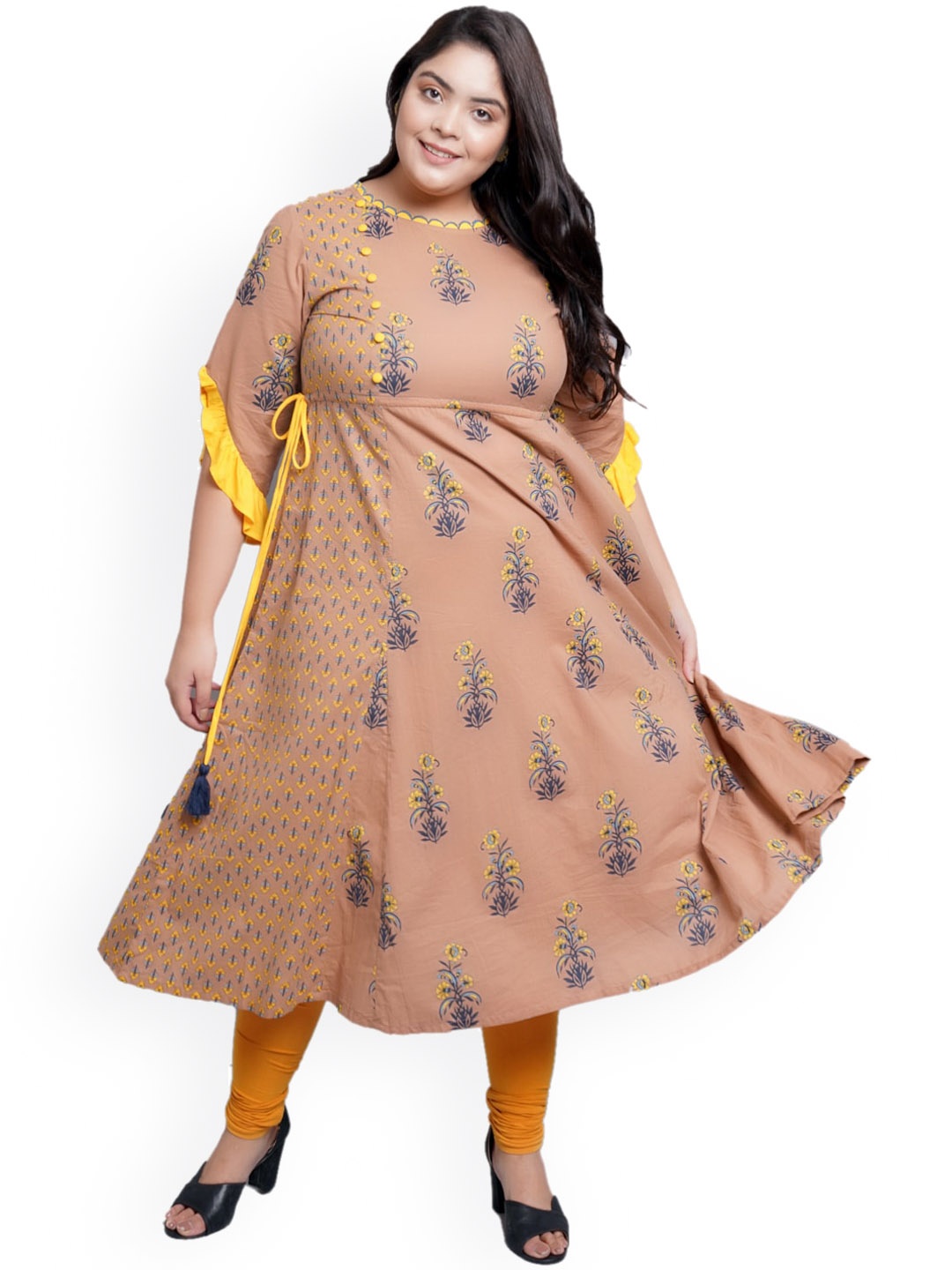 

KALINI Plus Size Floral Printed Flared Sleeves Thread Work Kurta, Brown