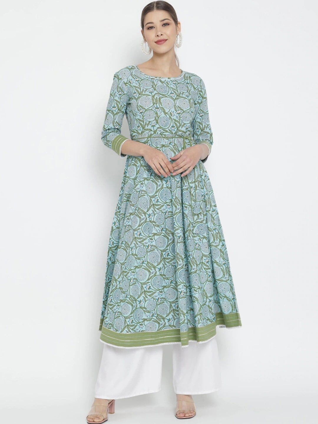 

KALINI Floral Printed Round Neck Cotton Anarkali Kurta, Blue