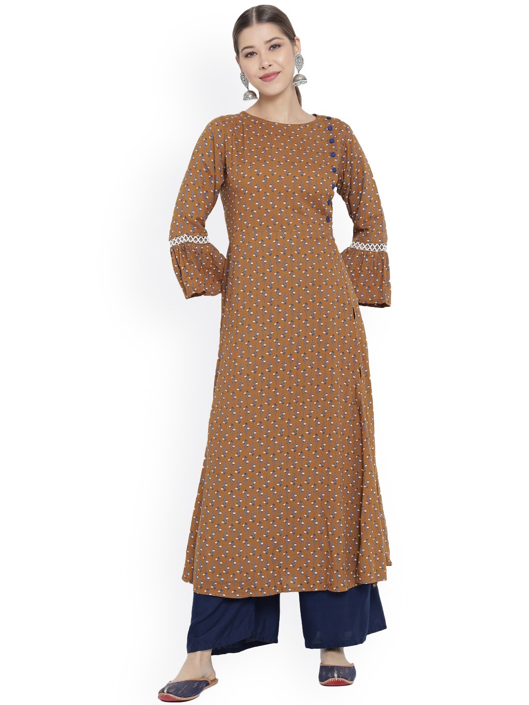 

KALINI Floral Printed Flared Sleeves Regular A-line Kurta, Brown